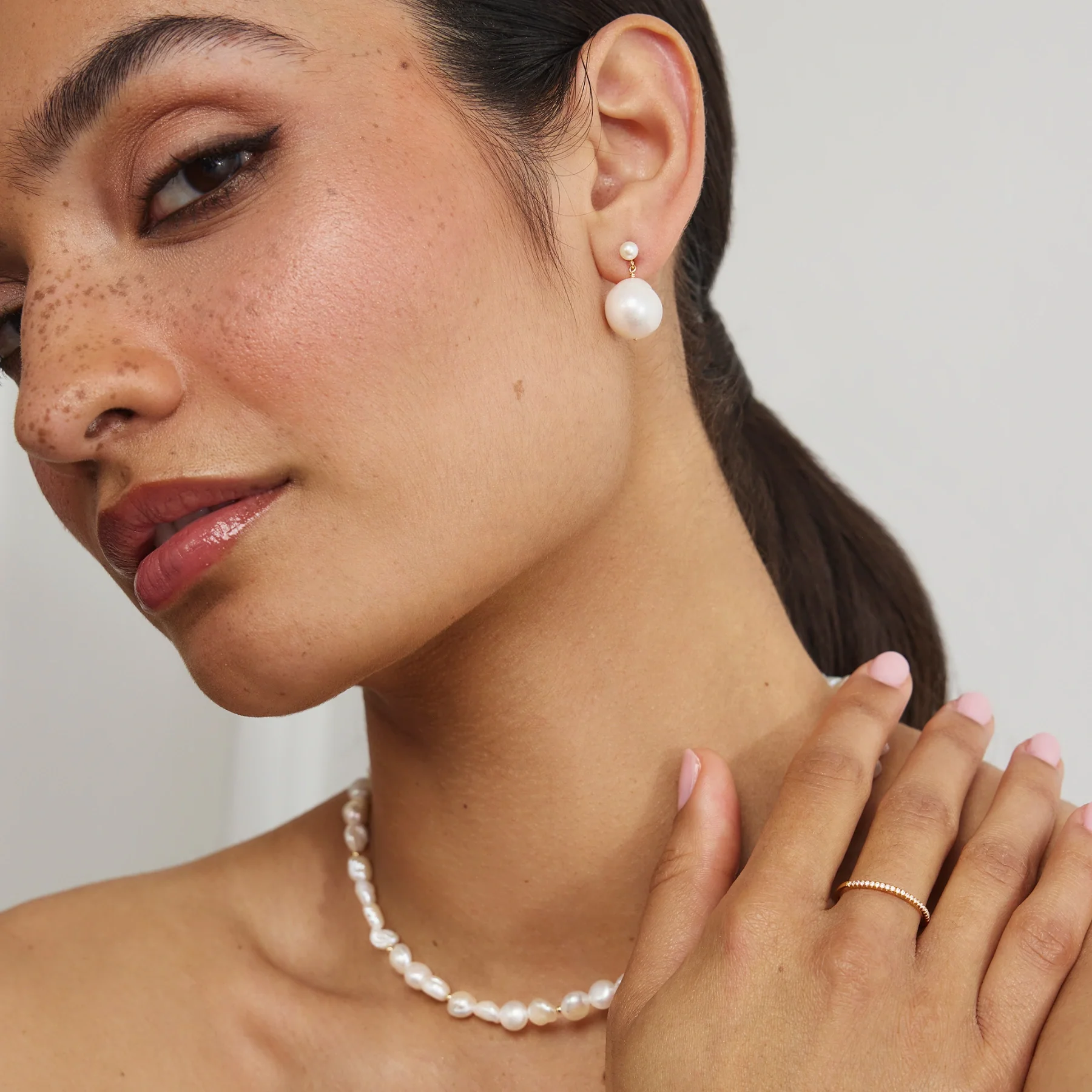 Gold Large Double Baroque Pearl Drop Stud Earrings - Image 6