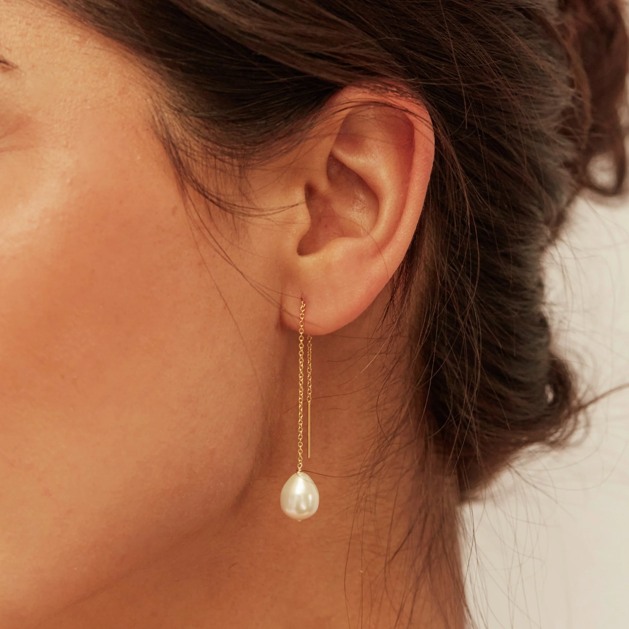 Gold Large Pearl Drop Ear Threaders - Image 4