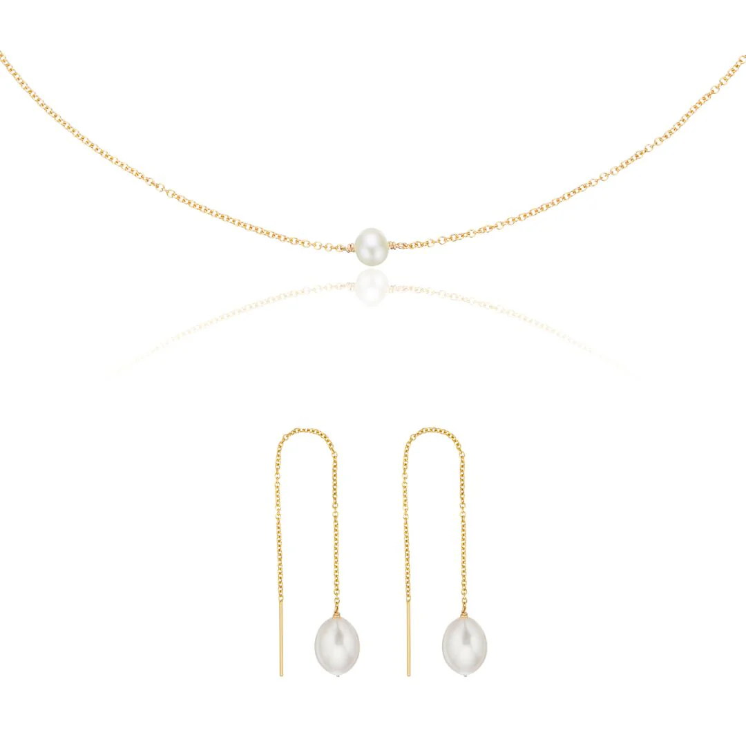 Gold Large Pearl Drop Ear Threaders and Single Pearl Choker Gift Set