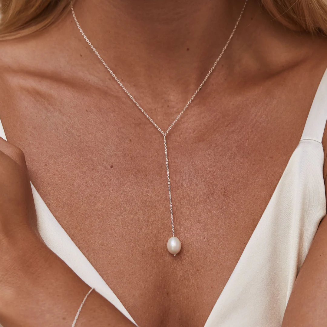 Gold Large Pearl Lariat Necklace - Image 3