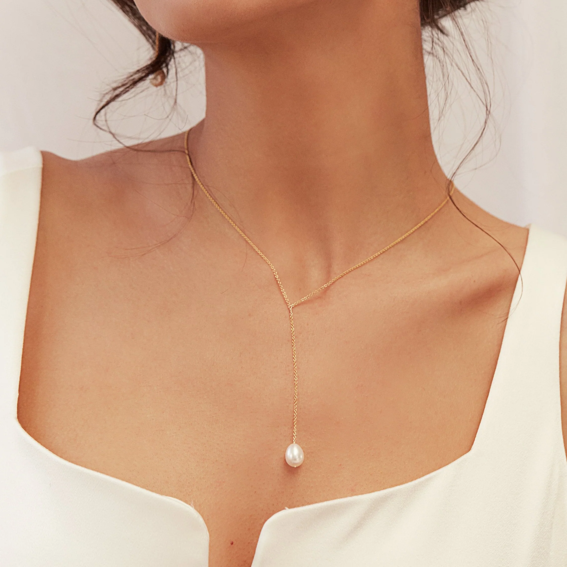 Gold Large Pearl Lariat Necklace - Image 4