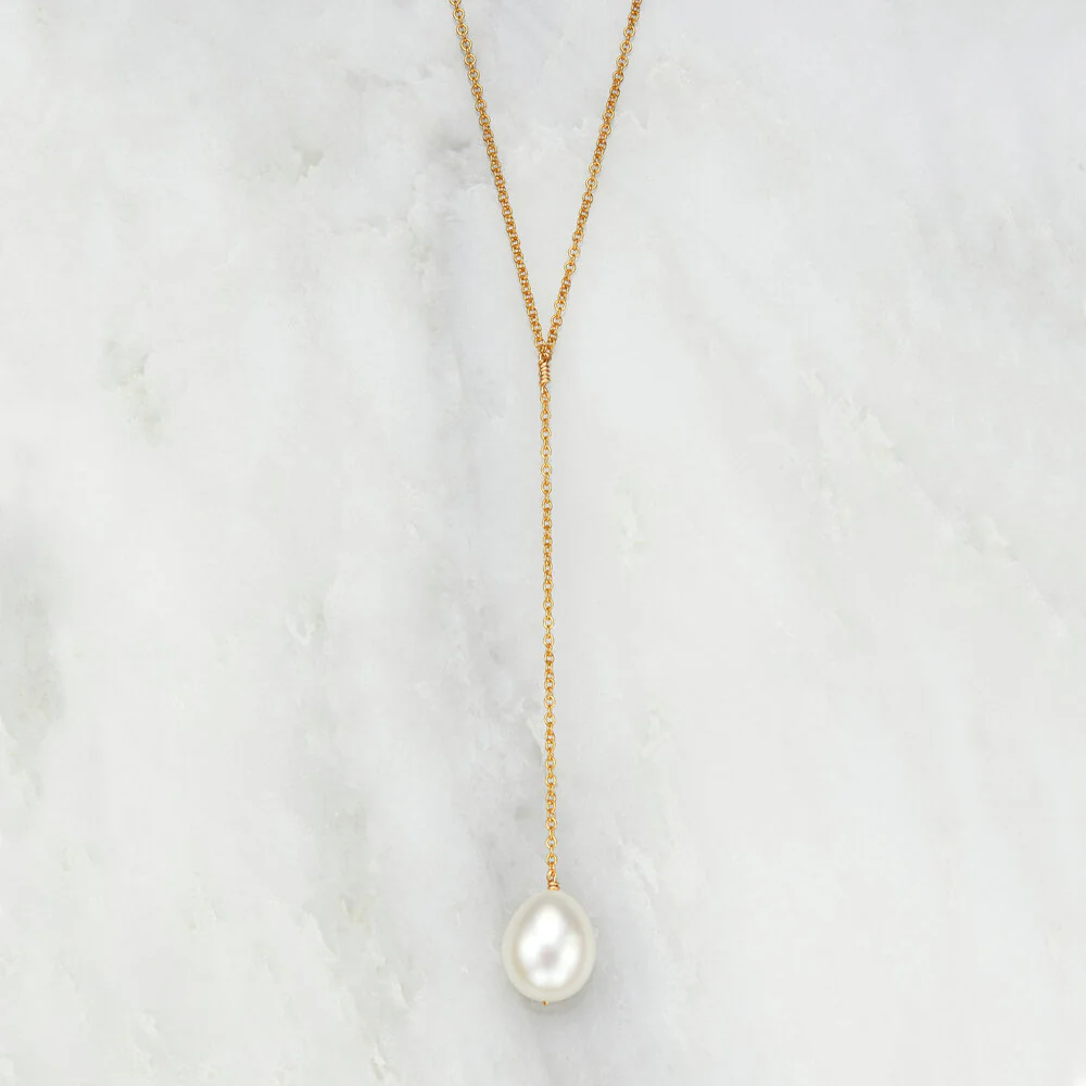 Gold Large Pearl Lariat Necklace - Image 8