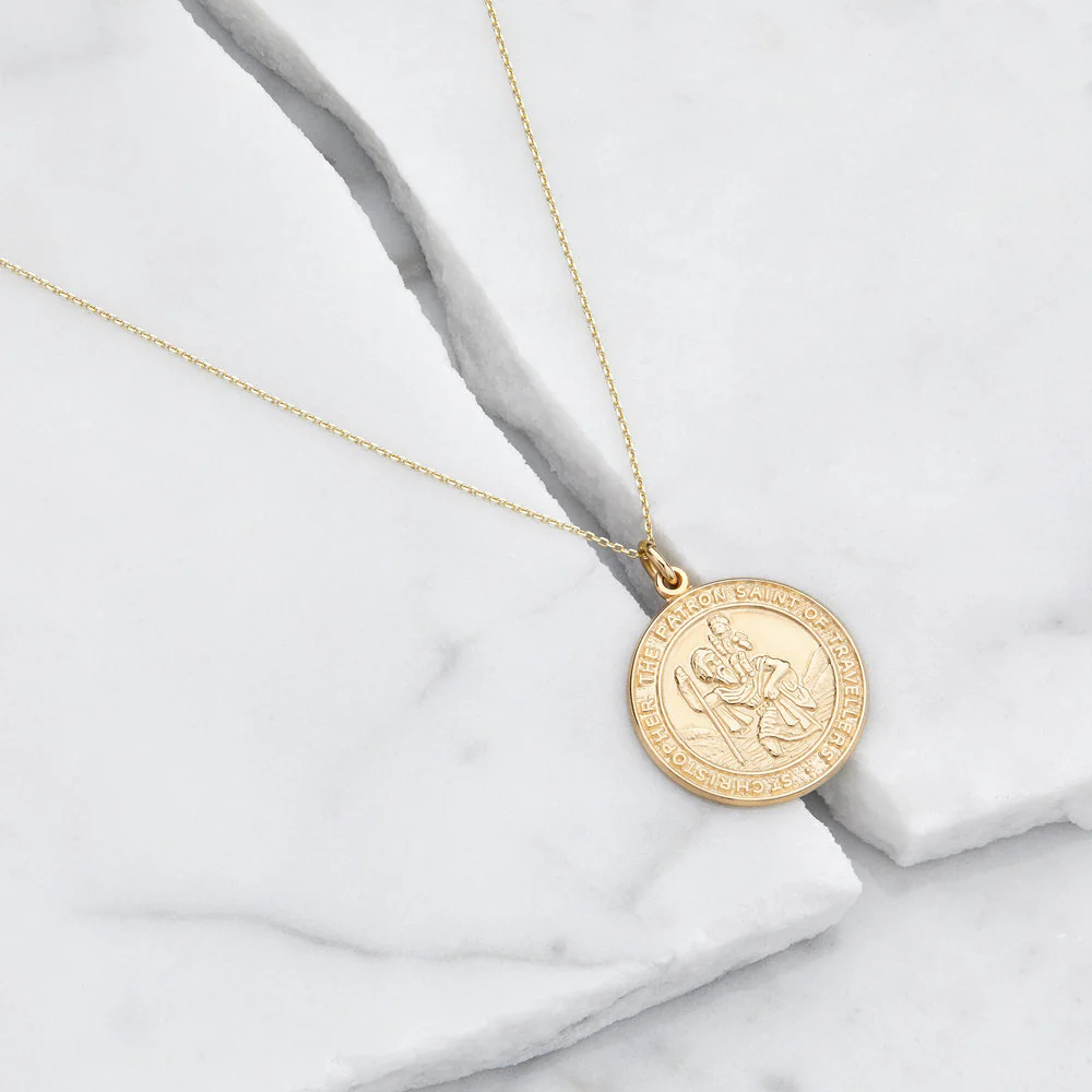Solid Gold Large Round St Christopher Medallion Necklace - Image 6