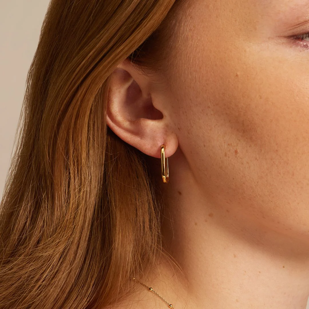 Gold Long Thin Plain Rectangle Hoop Earrings - Image 3