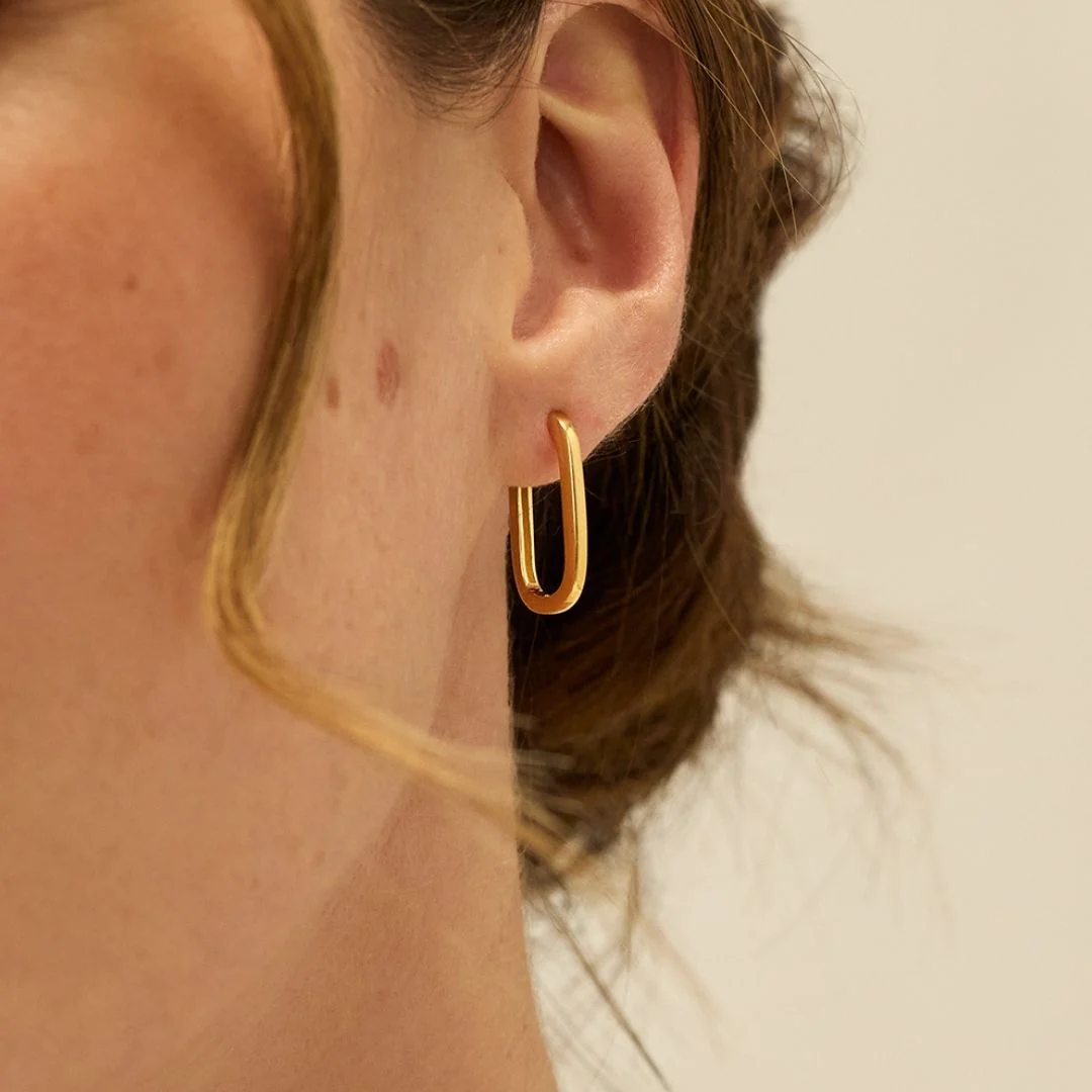 Gold Long Thin Plain Rectangle Hoop Earrings - Image 4