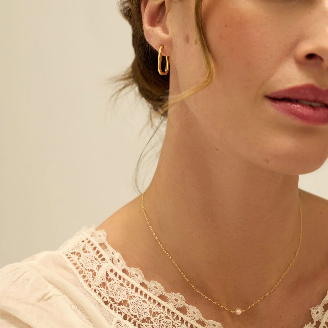Gold Long Thin Plain Rectangle Hoop Earrings - Image 6