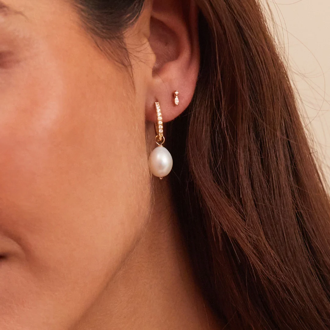 Gold Diamond Style Large Pearl Drop Hoop Earrings - Image 16