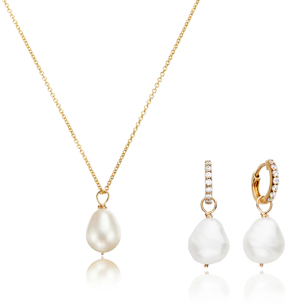 Gold Pearl Drop Huggies and Large Pearl Necklace Gift Set