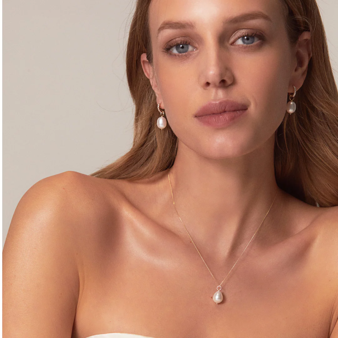 Gold Pearl Drop Huggies and Large Pearl Necklace Gift Set - Image 3