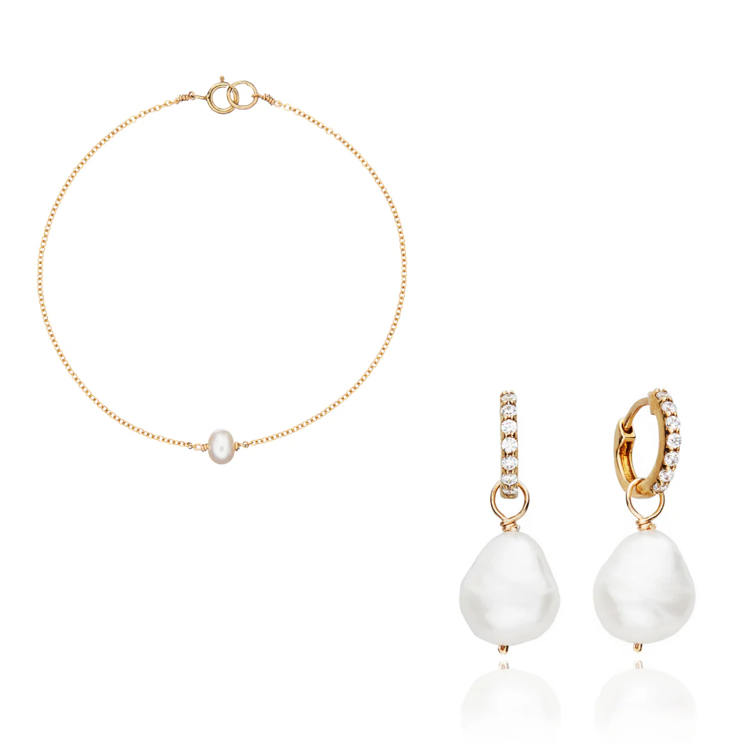 Gold Pearl Drop Huggies and Single Pearl Bracelet Gift Set