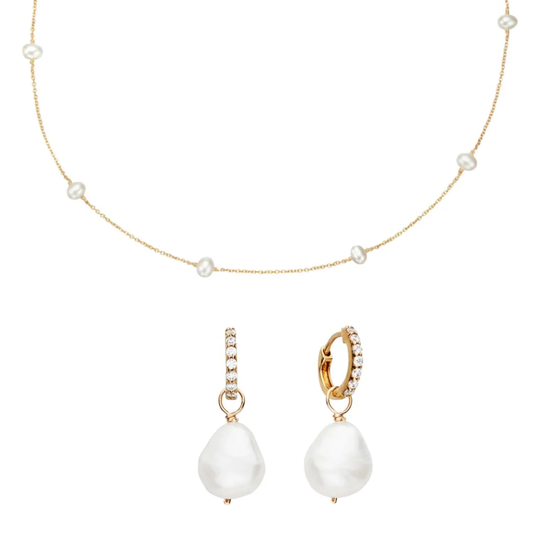 Gold Pearl Drop Huggies and Ten Pearl Choker Gift Set