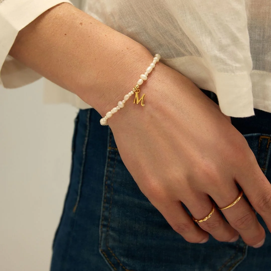 Gold Pearl Initial Letter Bracelet - Image 4