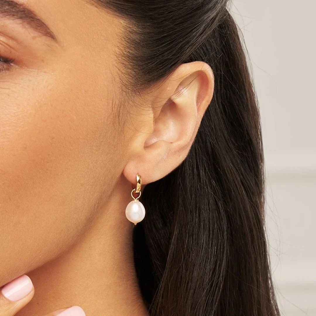 Gold Plain Huggie Pearl Drop Hoop Earrings - Image 3