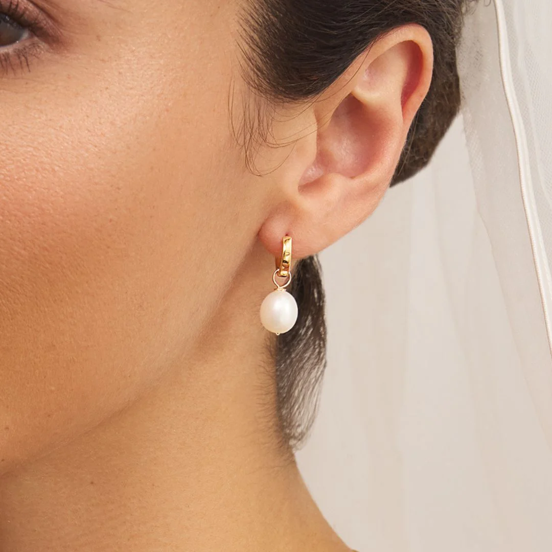 Gold Plain Huggie Pearl Drop Hoop Earrings - Image 4