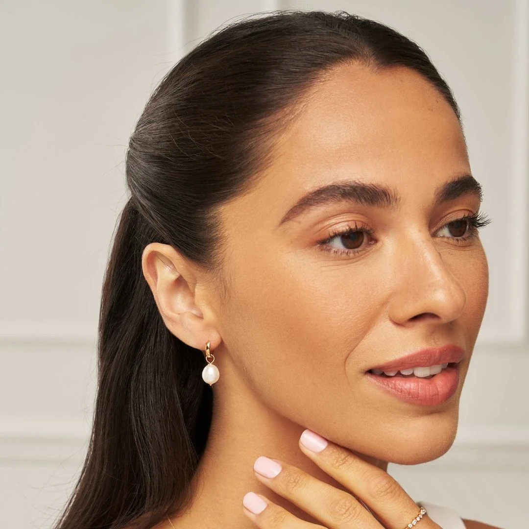 Gold Plain Huggie Pearl Drop Hoop Earrings - Image 5