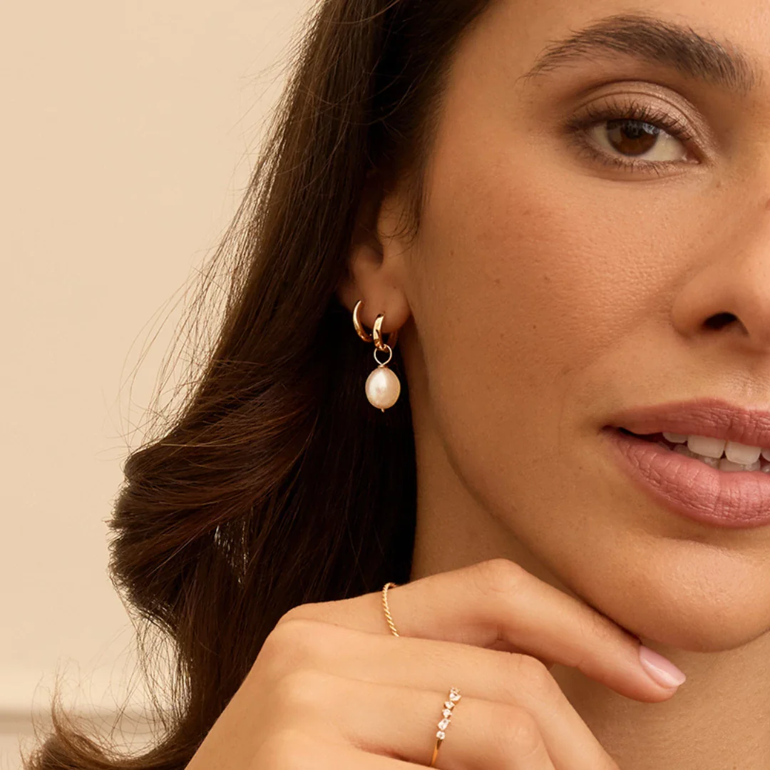 Gold Plain Huggie Pearl Drop Hoop Earrings - Image 6