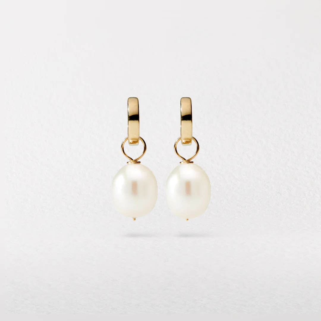 Gold Plain Huggie Pearl Drop Hoop Earrings - Image 9