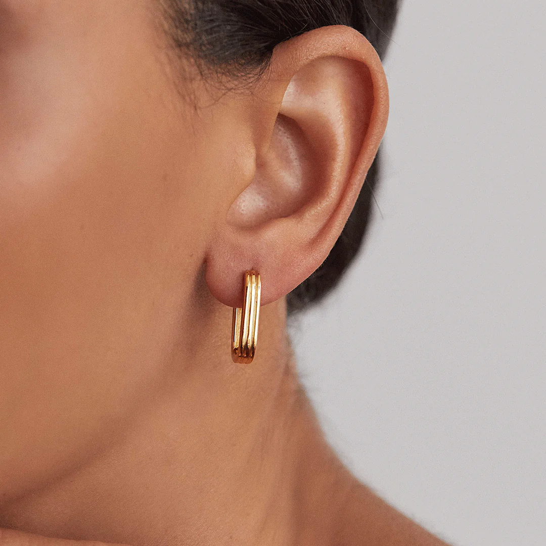 Gold Ribbed Pearl Drop Hoop Earrings - Image 4