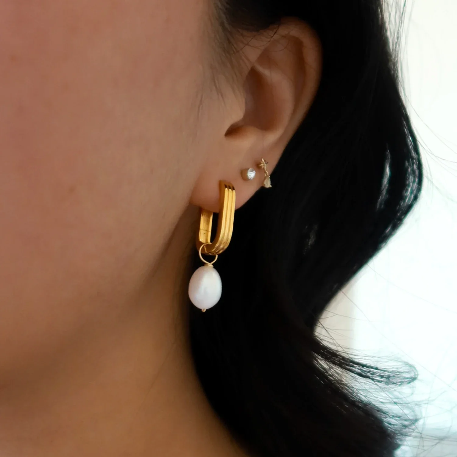 Gold Ribbed Pearl Drop Hoop Earrings - Image 7