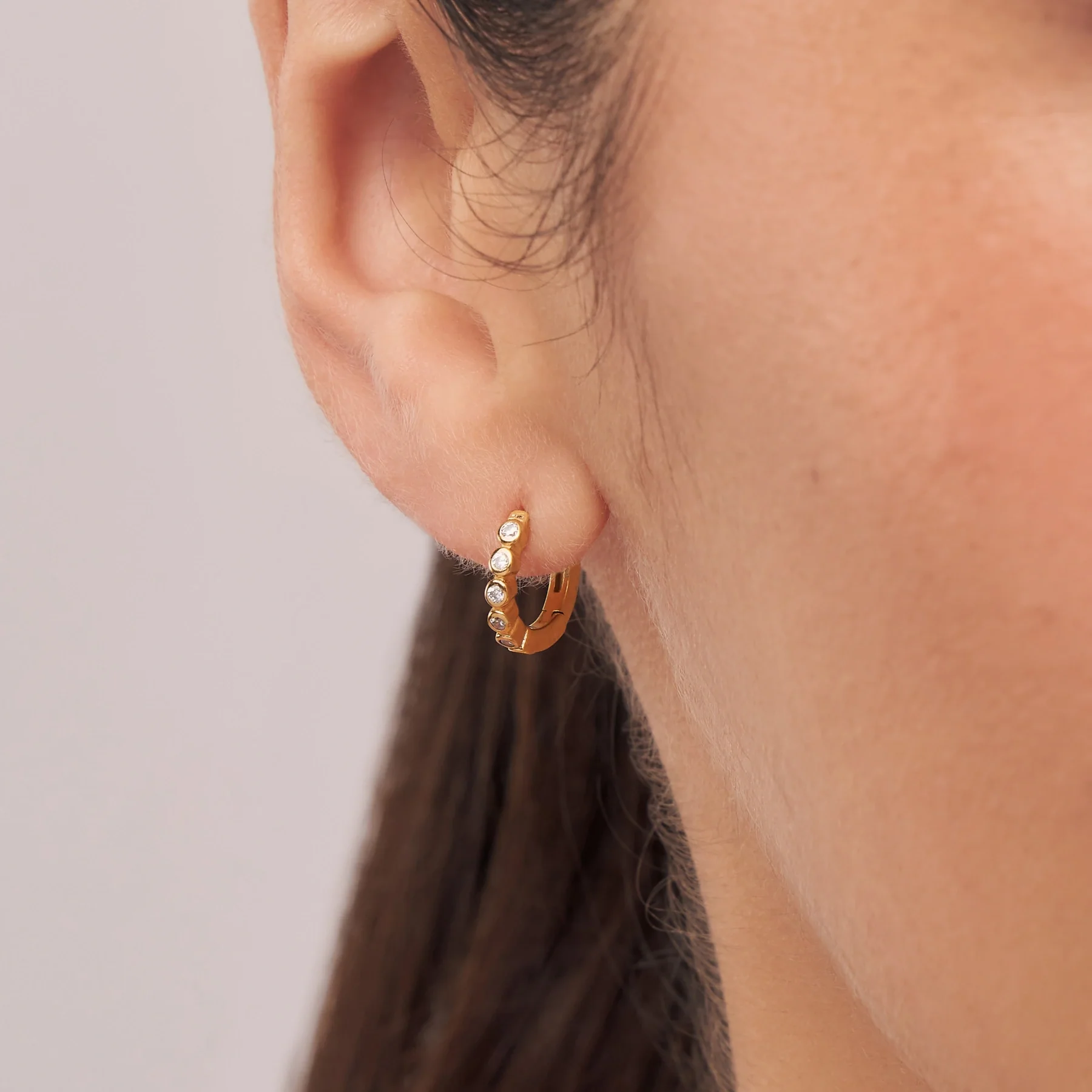 Gold Round Diamond Style Huggie Hoop Earrings - Image 2