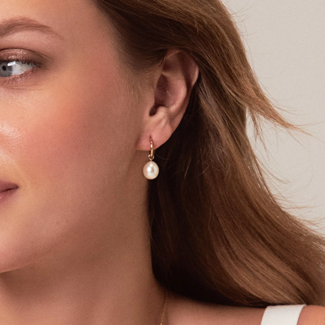 Gold Round Pearl Drop Huggie Hoop Earrings - Image 3