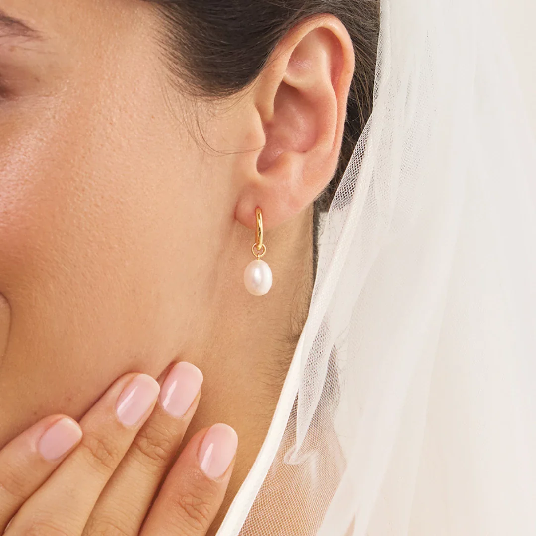 Gold Round Pearl Drop Huggie Hoop Earrings - Image 4