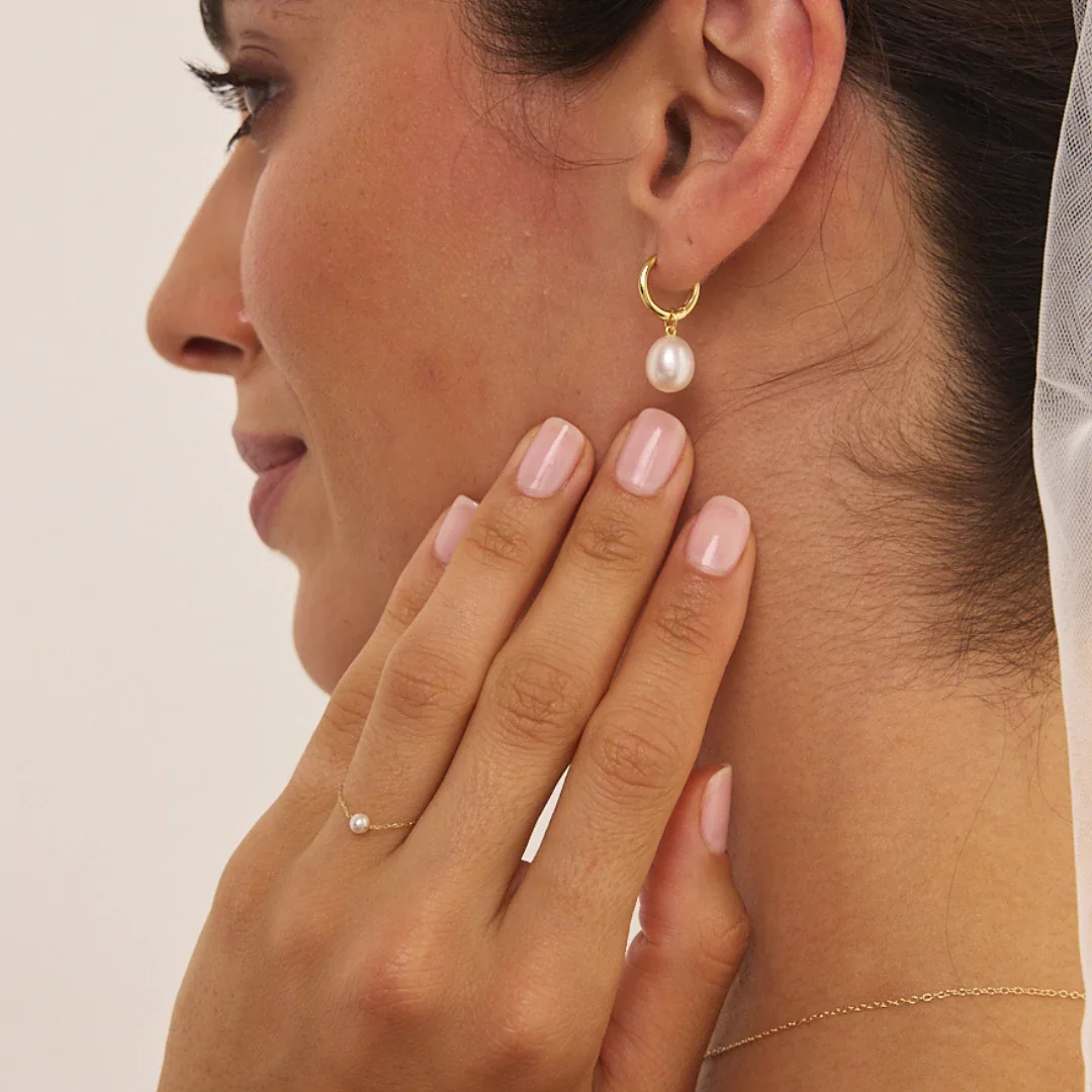 Gold Round Pearl Drop Huggie Hoop Earrings - Image 5