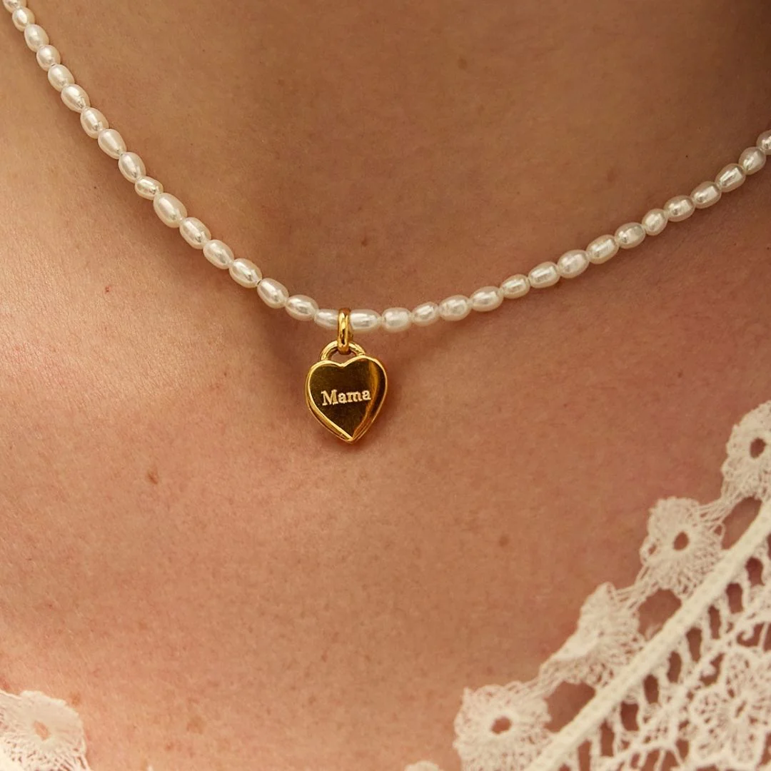 Gold Seed Pearl Engraved Heart Necklace - Image 2
