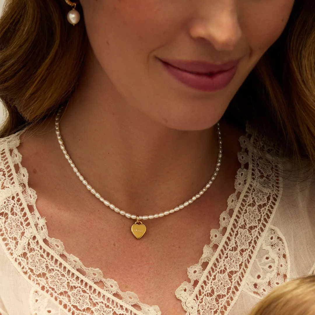 Gold Seed Pearl Engraved Heart Necklace - Image 3