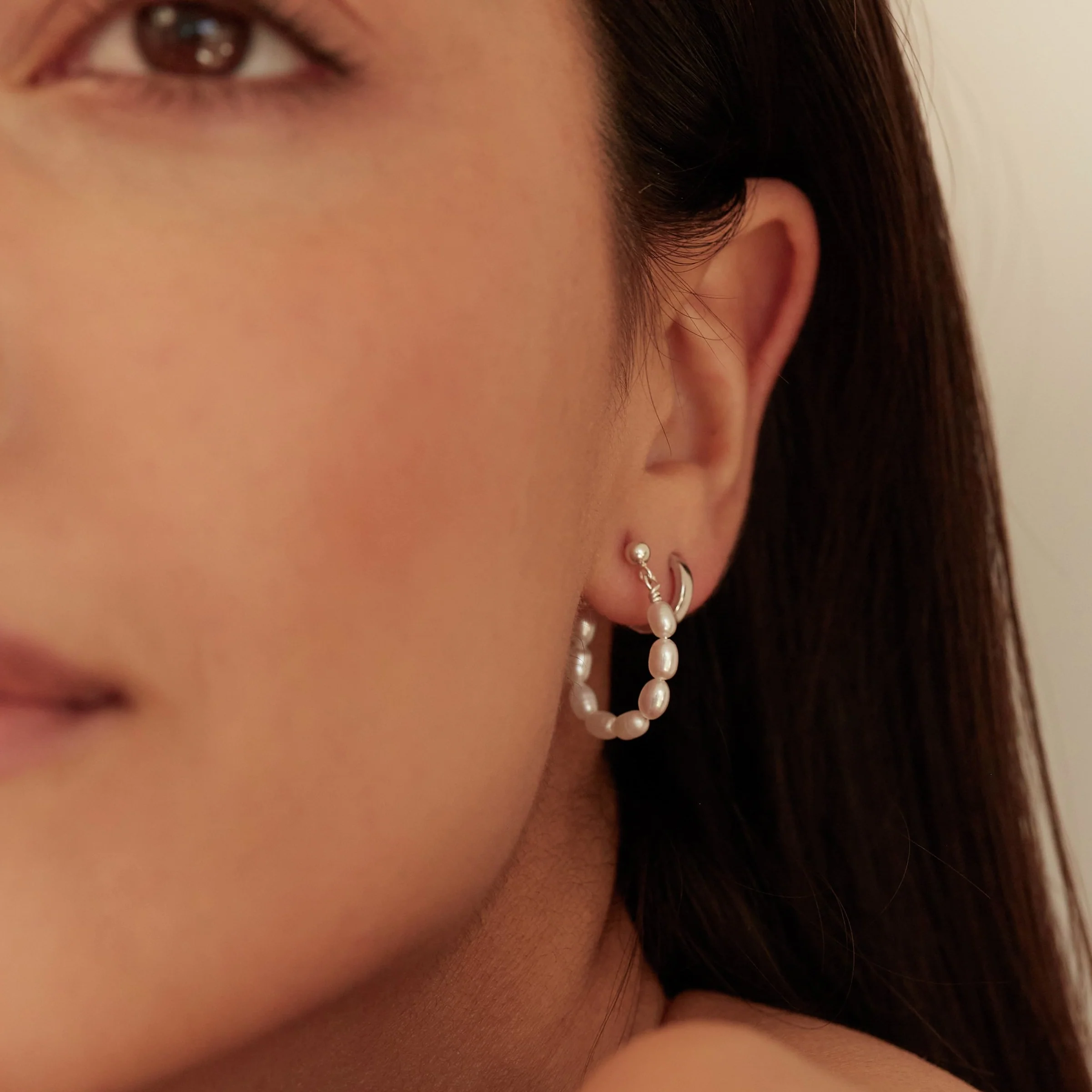 Gold Seed Pearl Hoop Earrings - Image 2