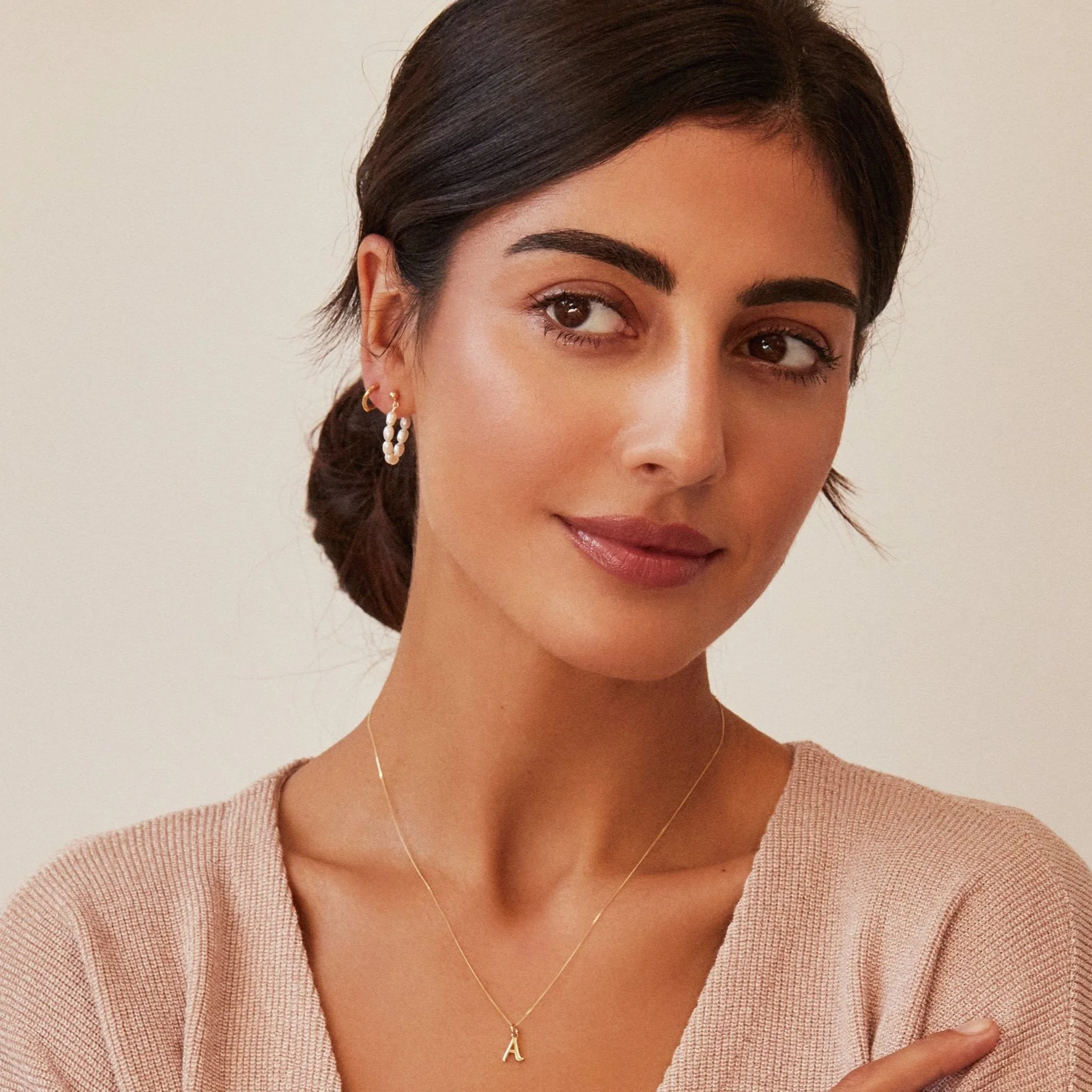 Gold Seed Pearl Hoop Earrings - Image 3