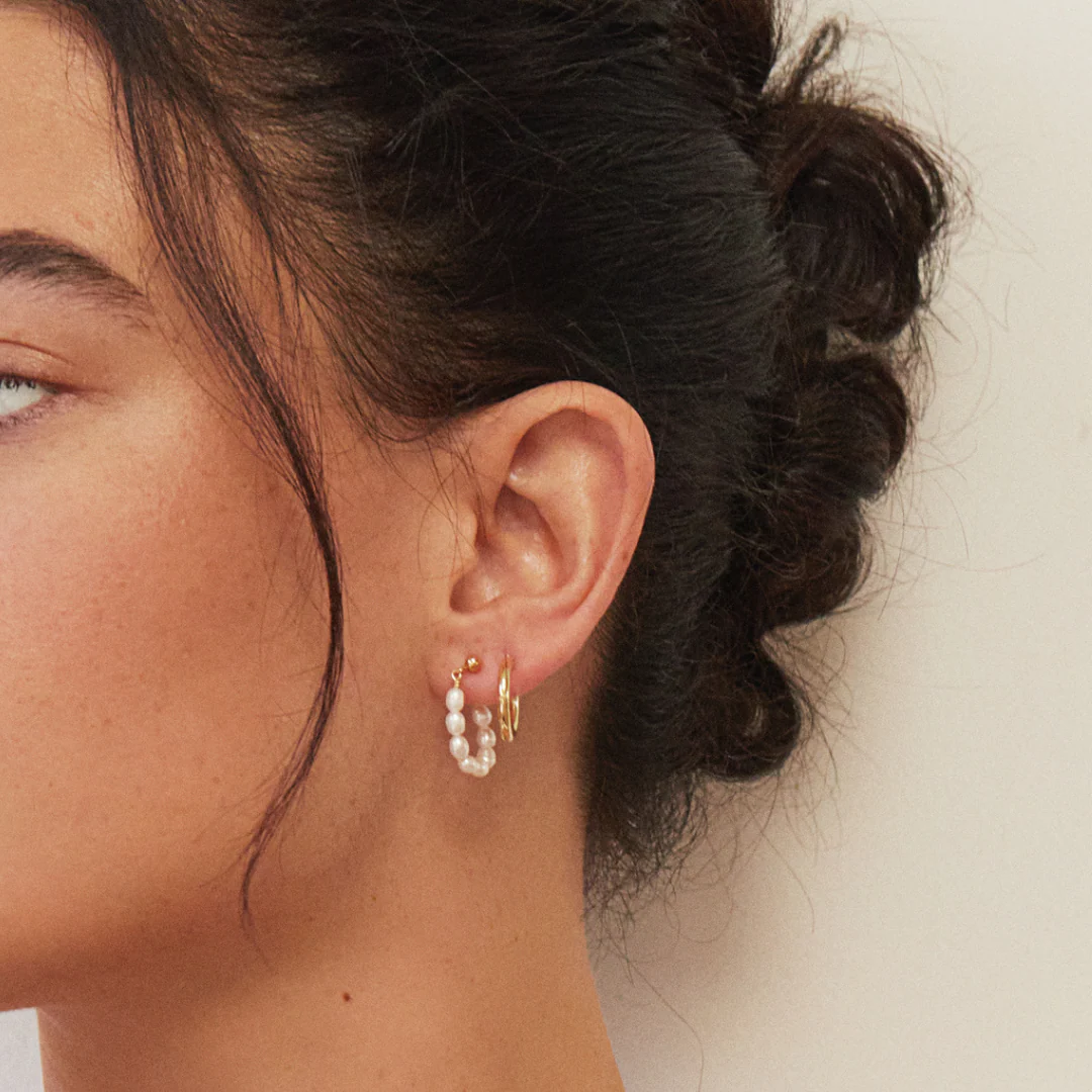 Gold Seed Pearl Hoop Earrings - Image 4