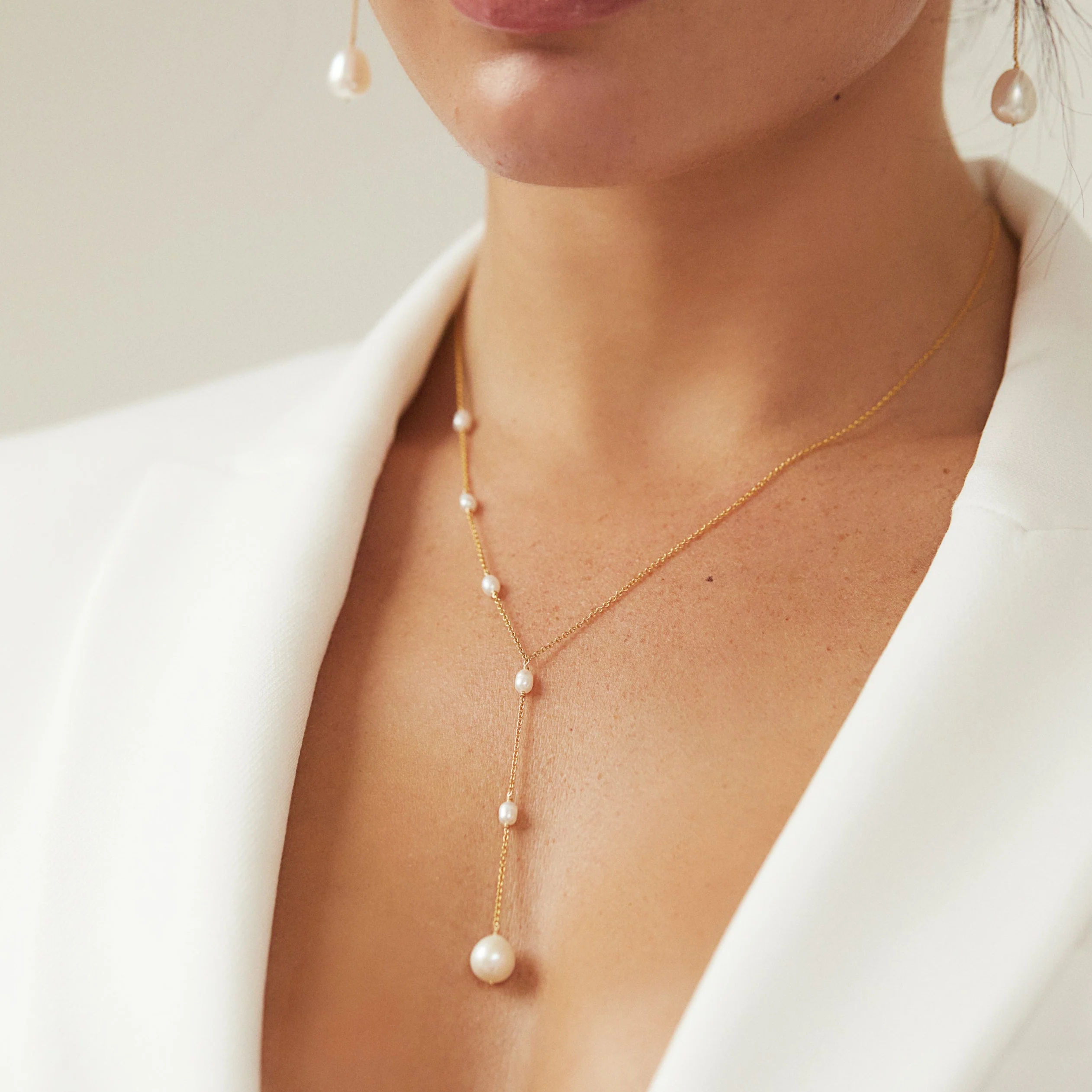 Gold Seed Pearl Lariat Necklace - Image 2