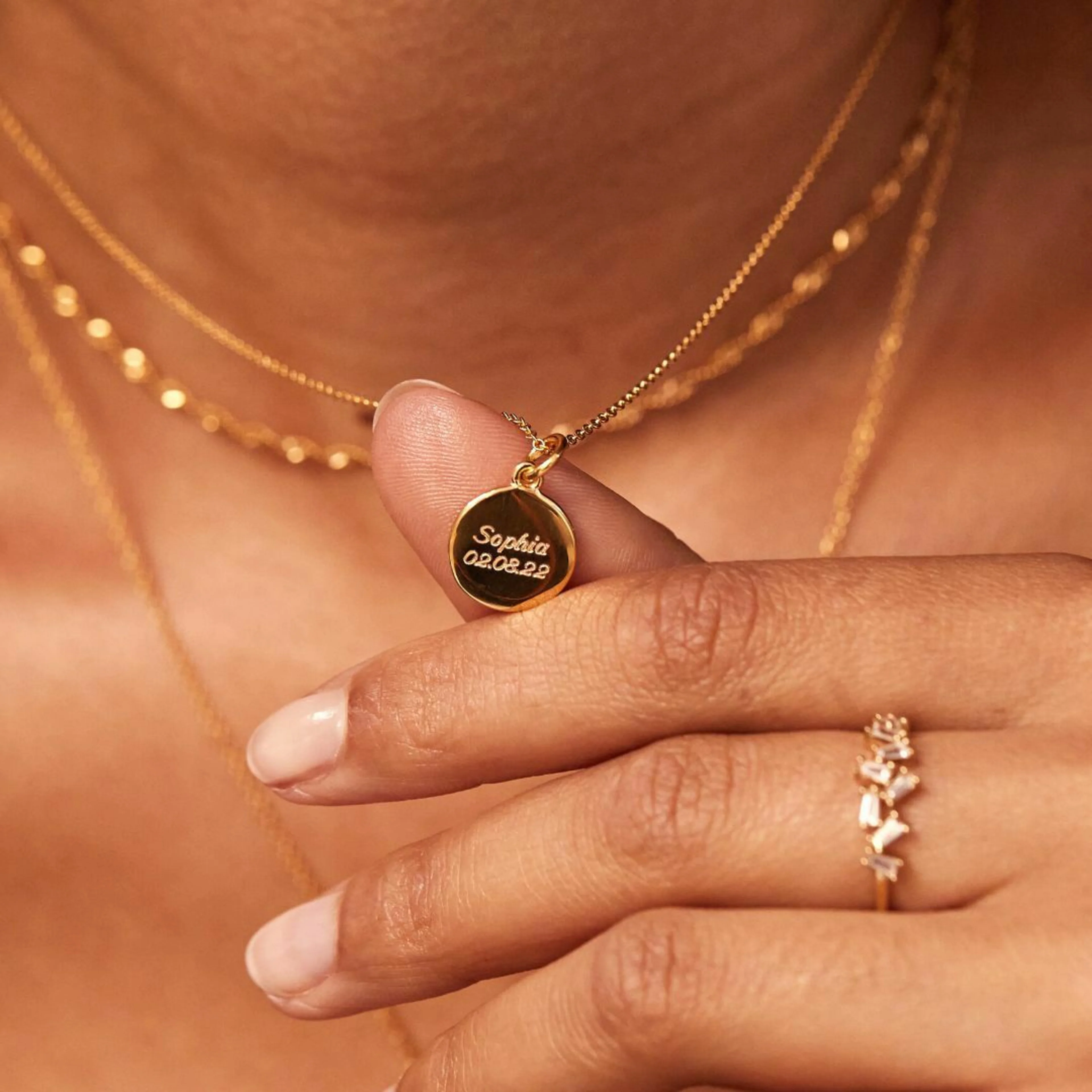 Gold Small Round Engraved Disc Necklace - Image 4