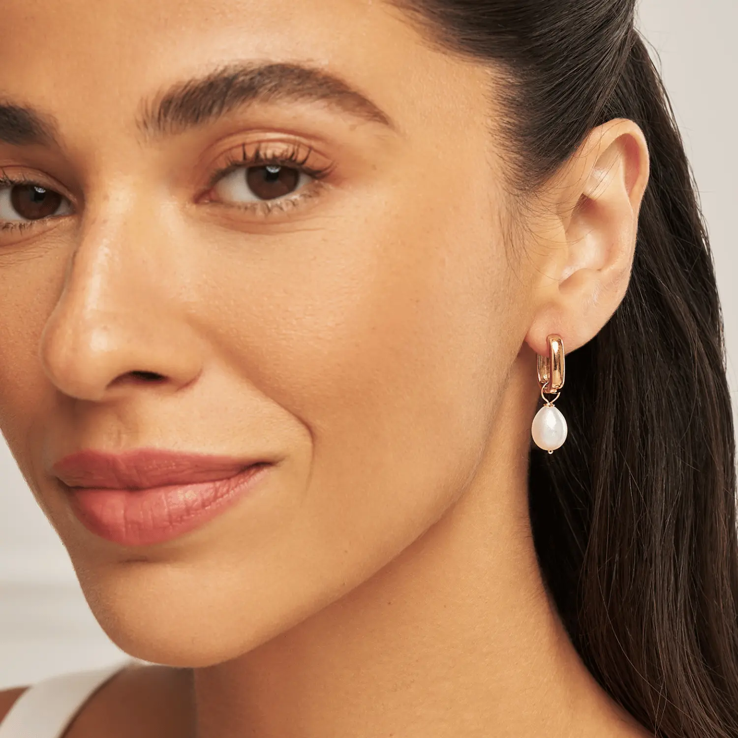 Gold Thick Squared Hoop Pearl Drop Earrings - Image 2