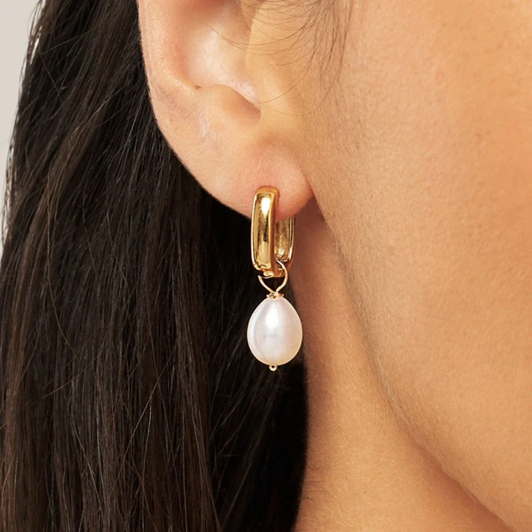 Gold Thick Squared Hoop Pearl Drop Earrings - Image 4