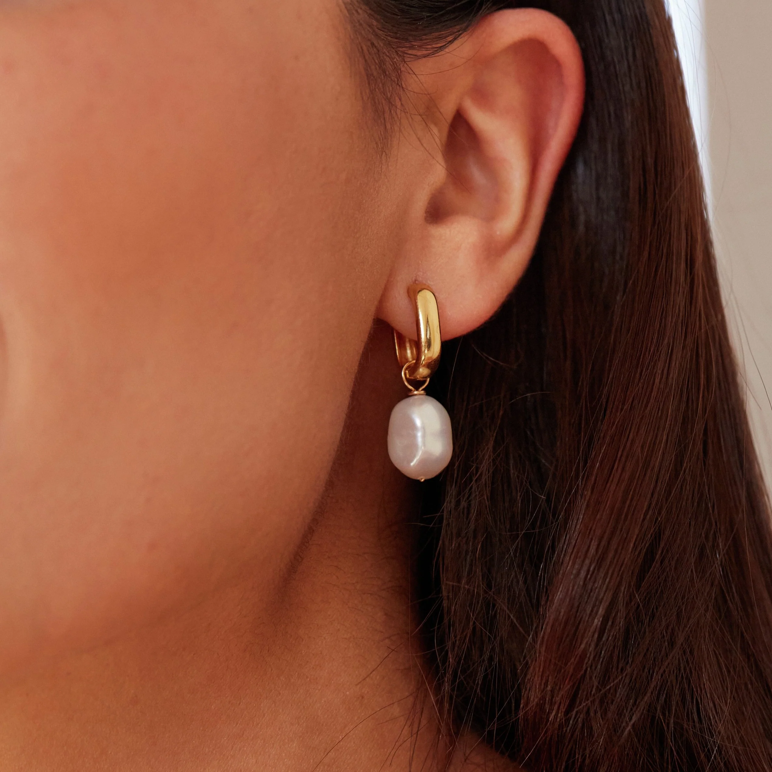 Gold Thick Squared Hoop Pearl Drop Earrings - Image 6