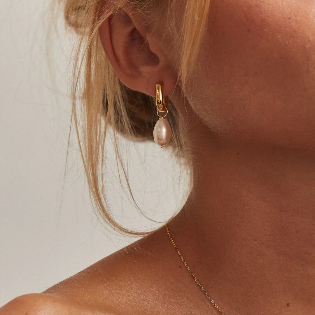 Gold Thick Squared Hoop Pearl Drop Earrings - Image 8