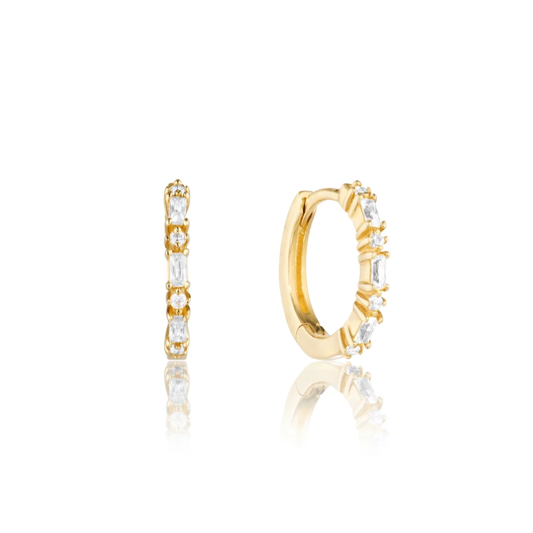 Gold Three Diamond Style Huggie Hoop Earrings