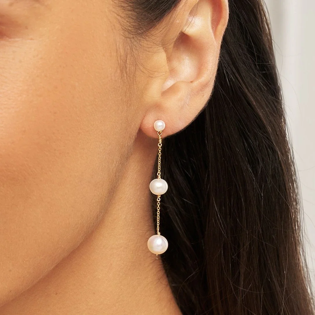 Gold Three Graduated Pearl Drop Earrings - Image 2