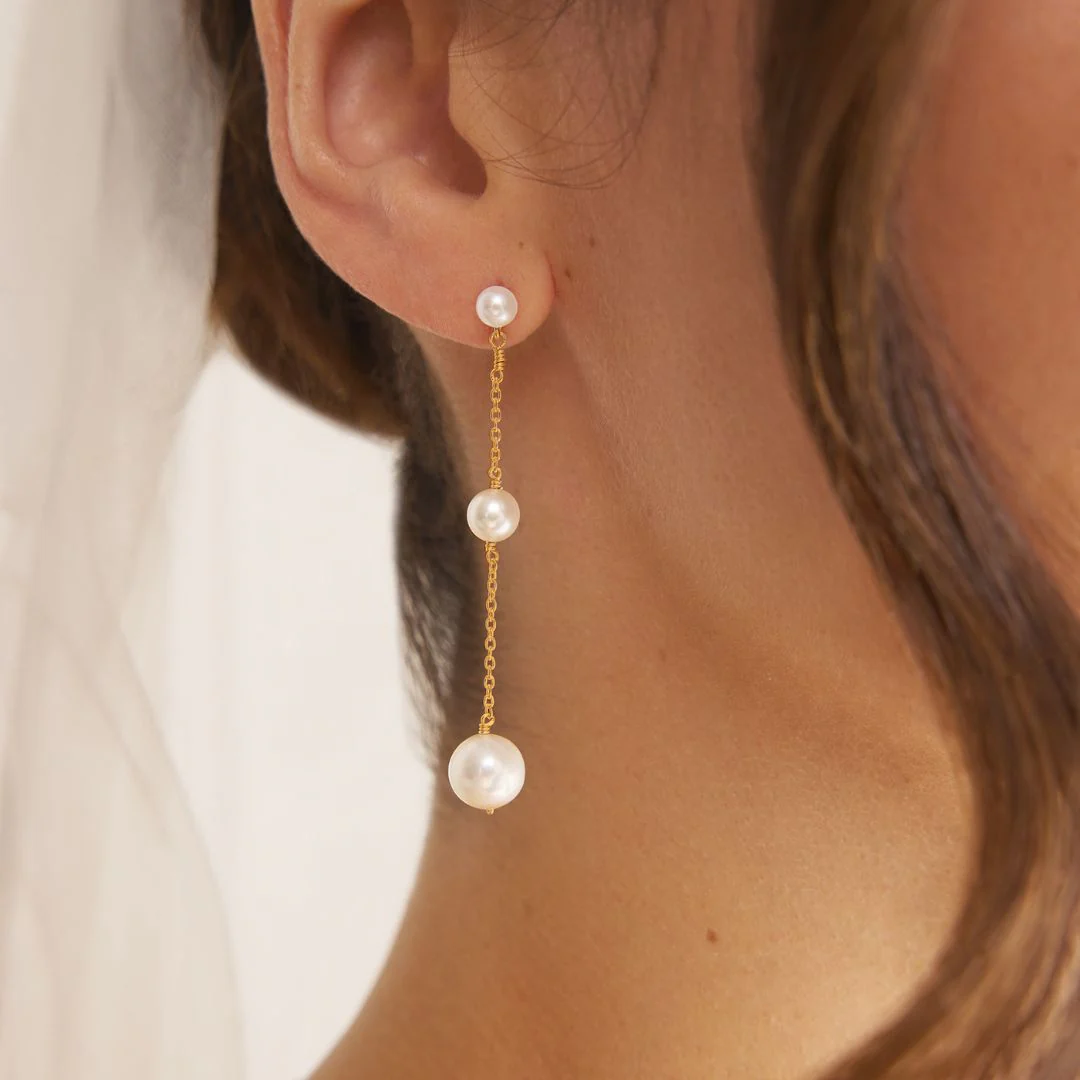 Gold Three Graduated Pearl Drop Earrings - Image 4