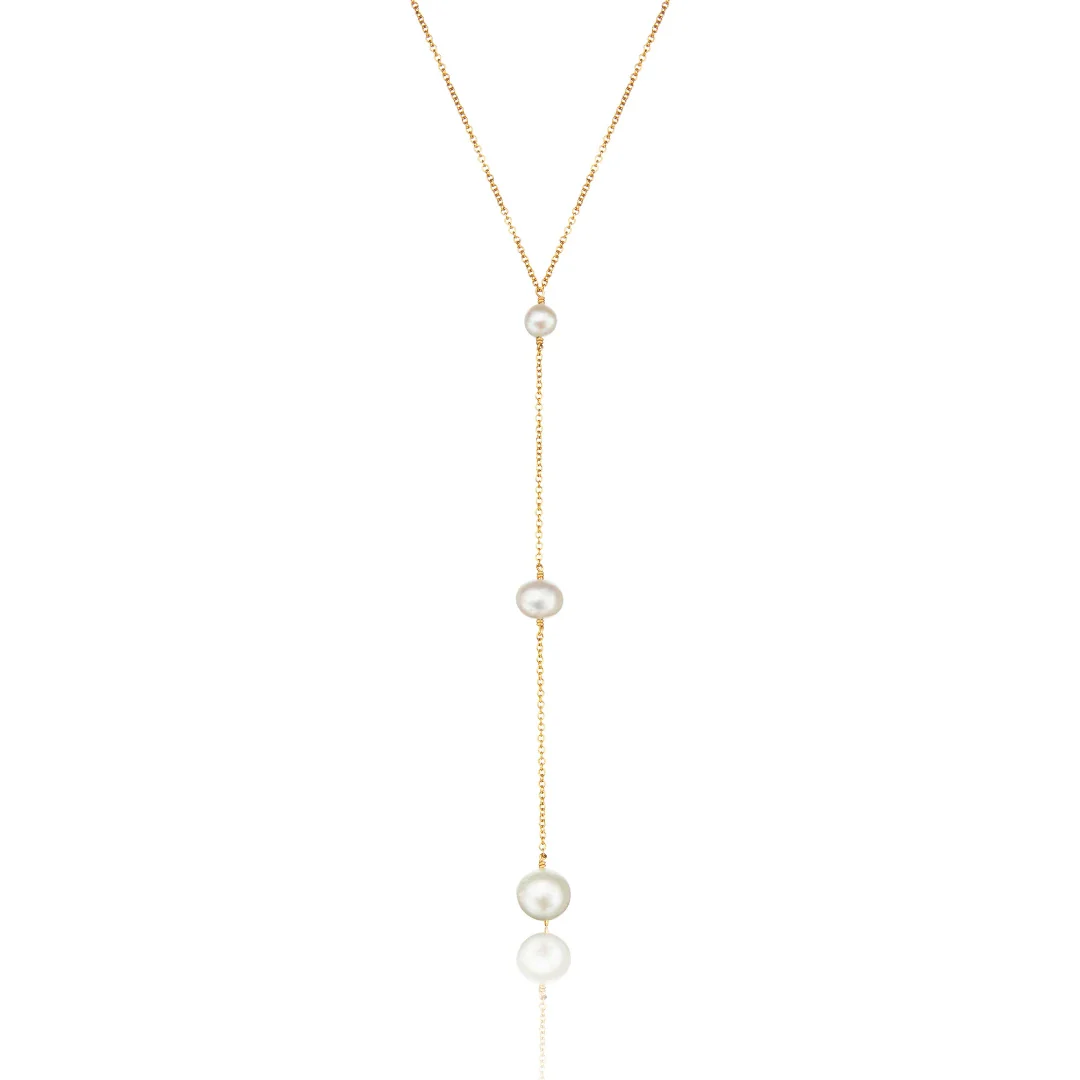 Gold Three Graduated Pearl Drop Lariat Necklace