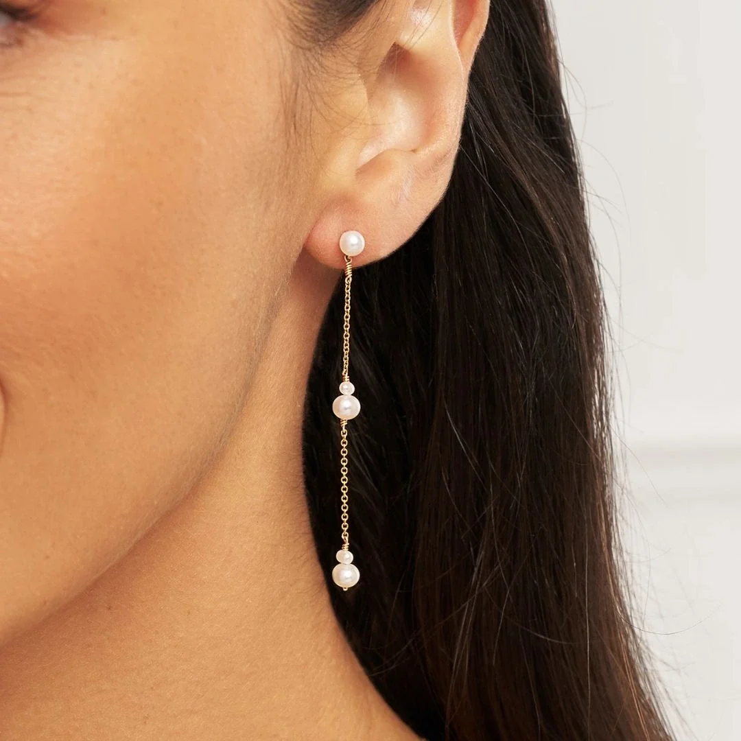 Gold Three Pearl Drop Earrings - Image 2