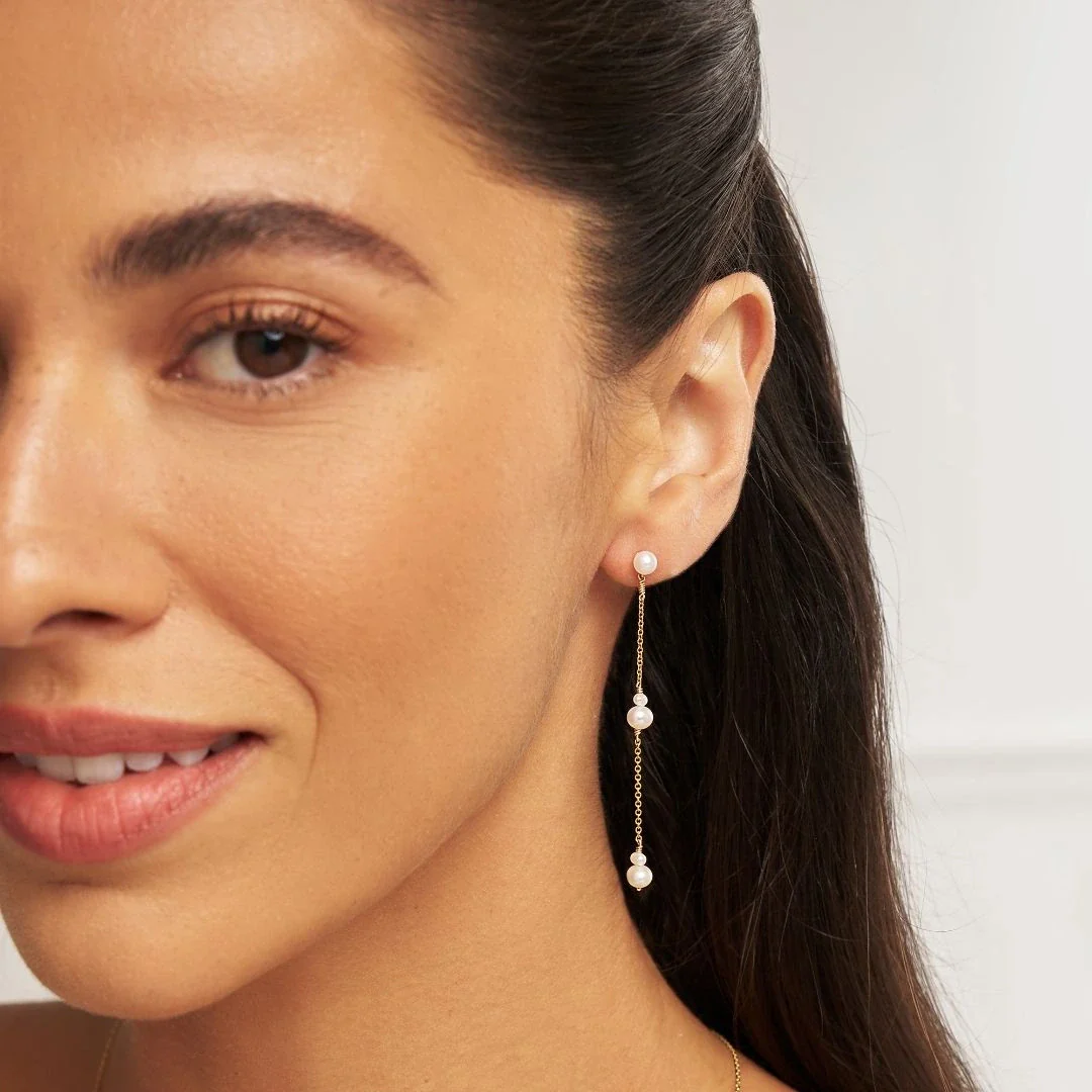 Gold Three Pearl Drop Earrings - Image 4