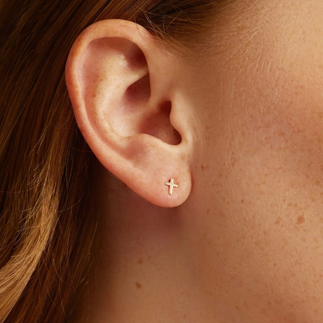 Gold Tiny Cross Stud Earrings - Image 2