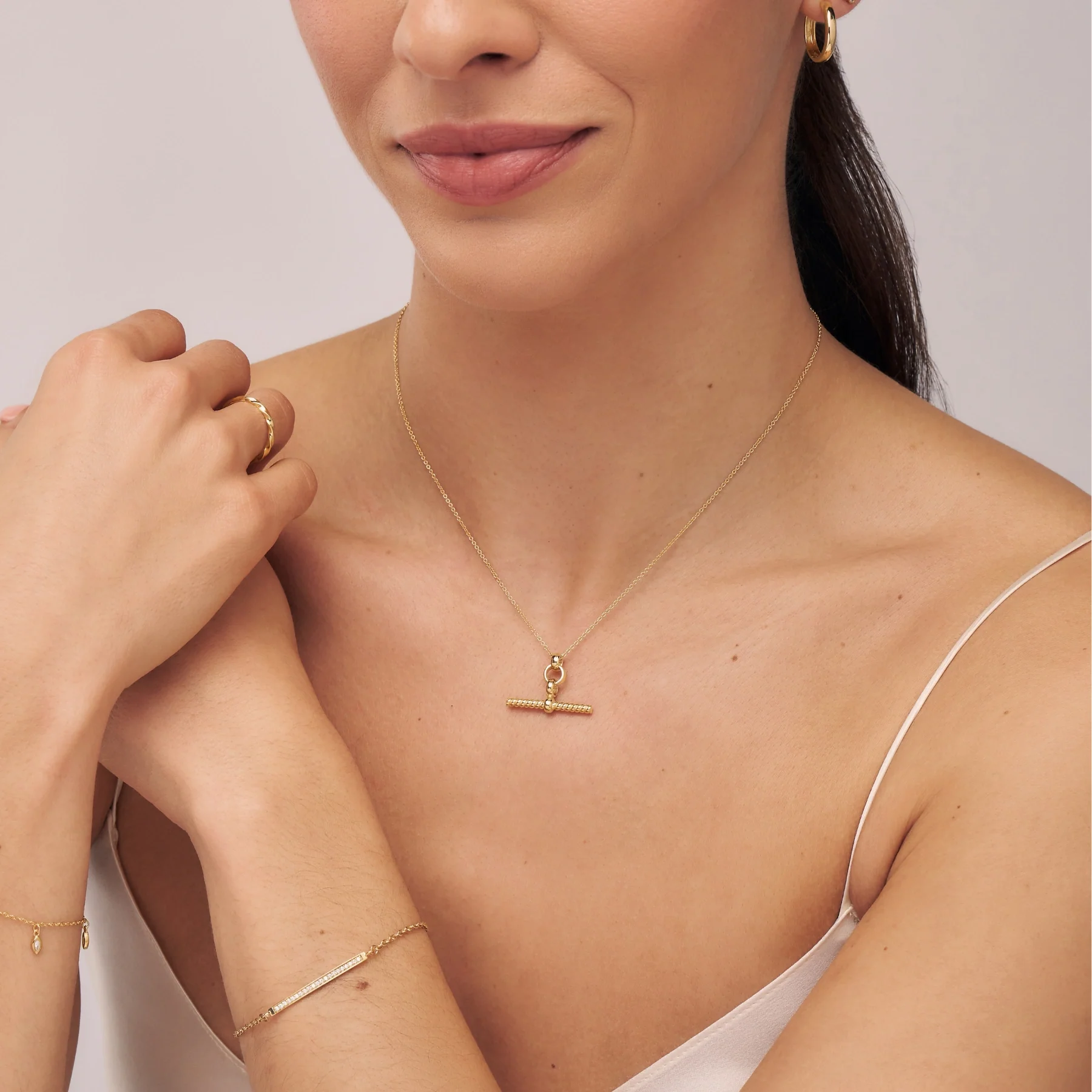 Gold Twisted T-Bar Necklace - Image 3