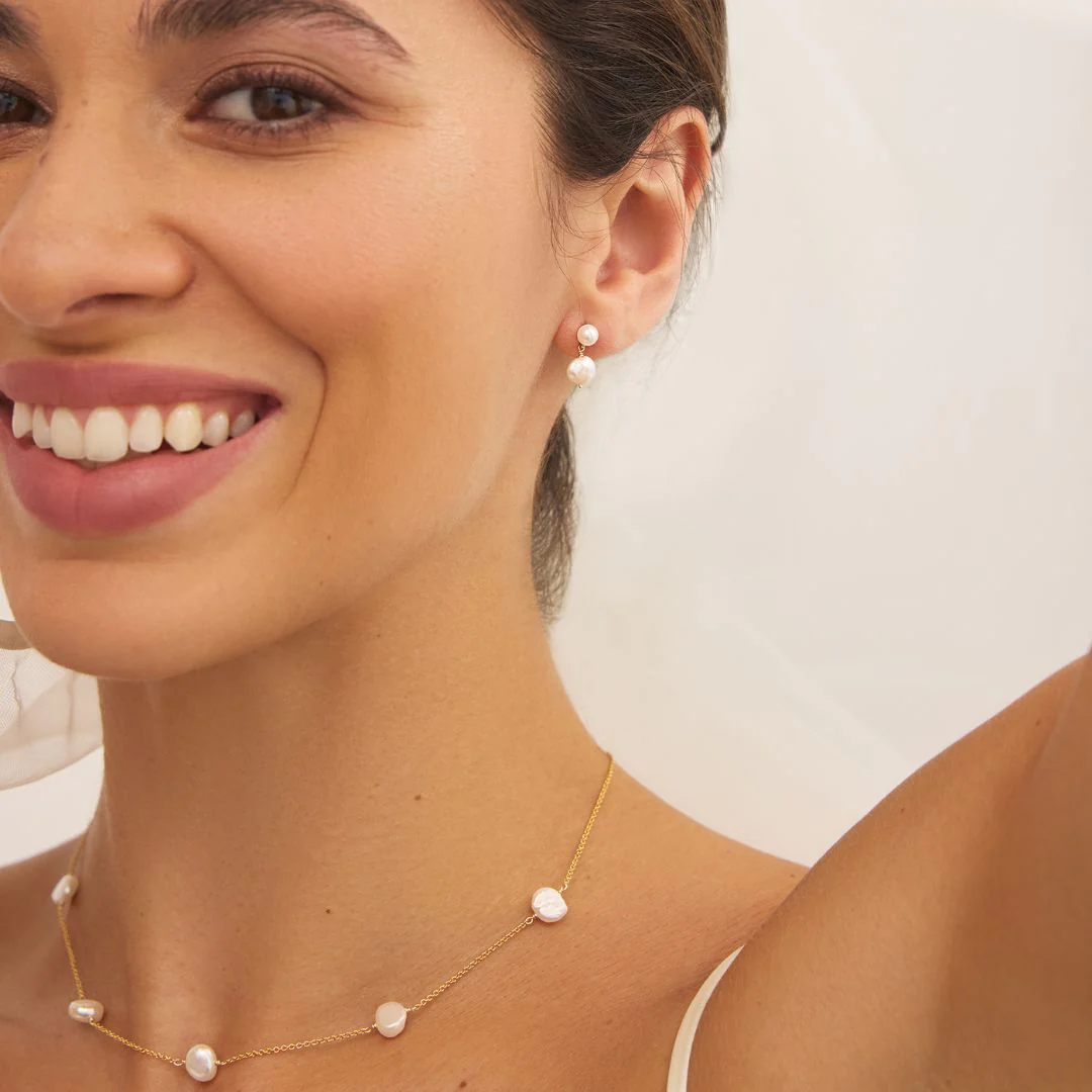 Gold Double Baroque Pearl Drop Stud Earrings - Image 4