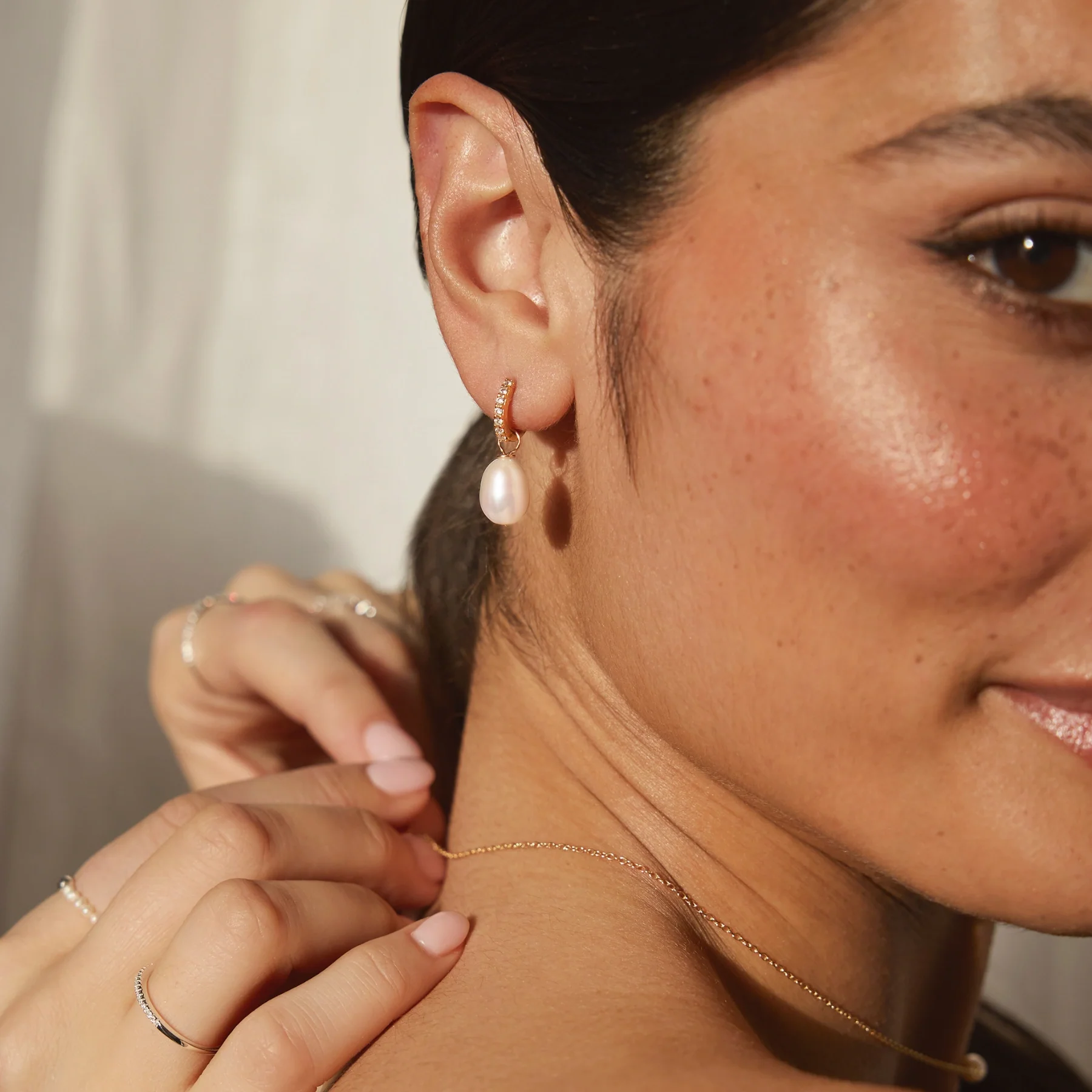Rose Gold Huggie Pearl Drop Earrings - Image 3