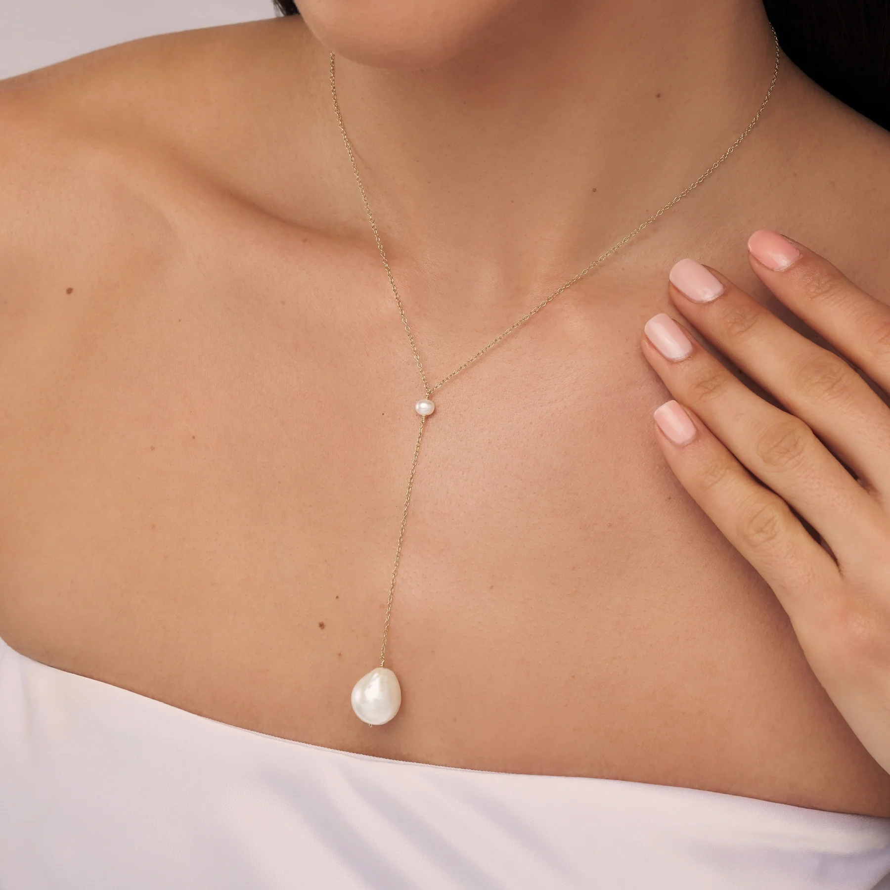 Gold Large Baroque Pearl Lariat Necklace - Image 2