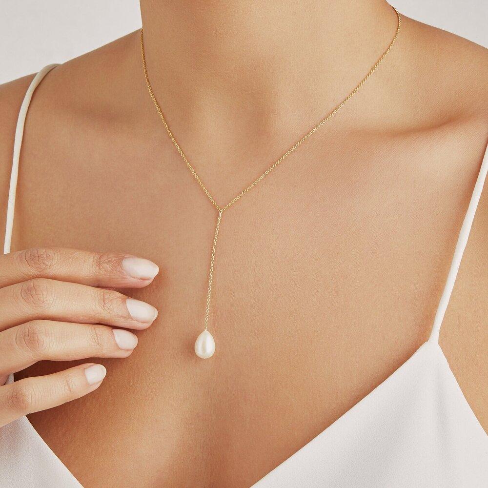 Rose Gold Large Pearl Lariat Necklace - Image 2